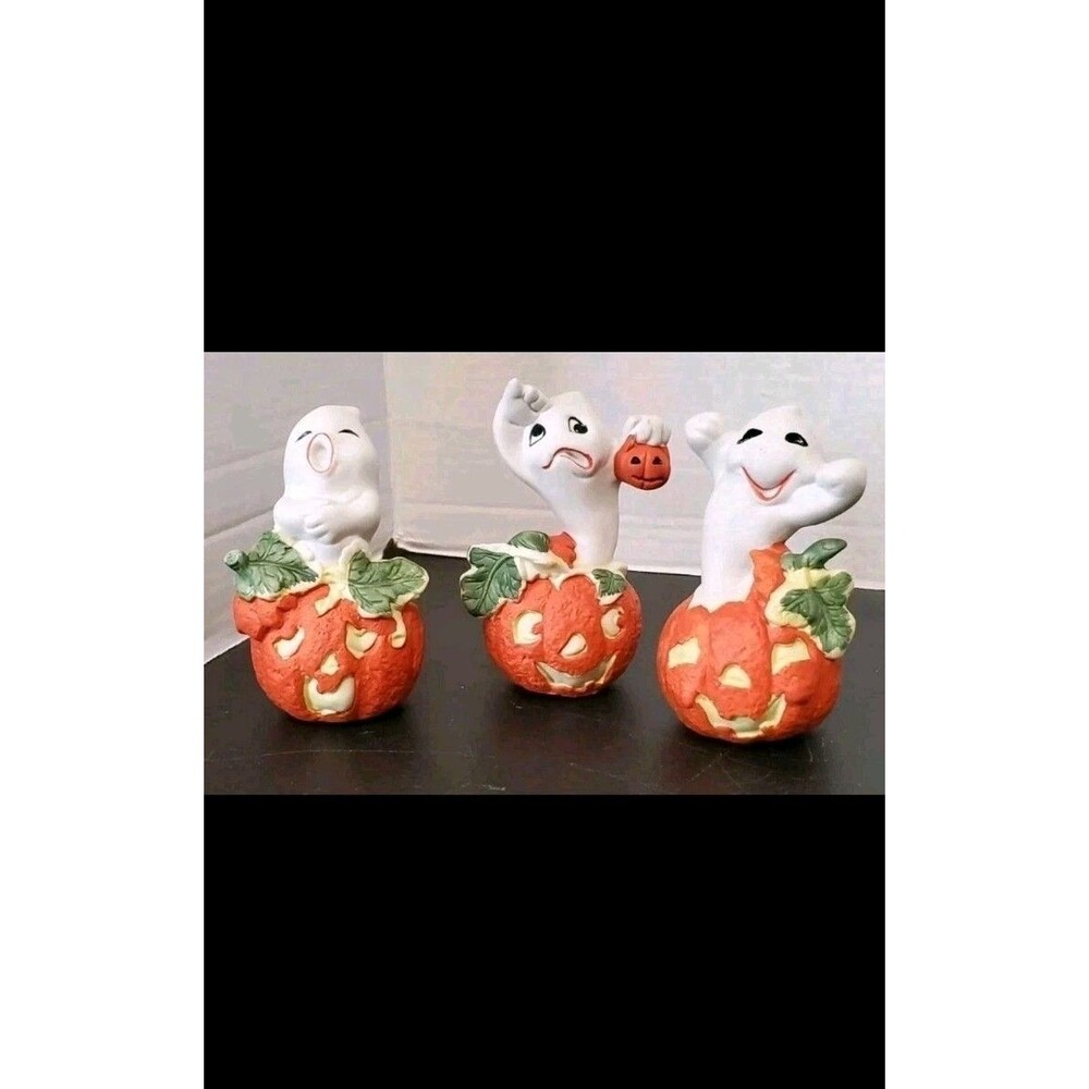 Brinn's Ghost Pumpkin Jack-o-lantern Ceramic Figurines Vtg Halloween Collectible